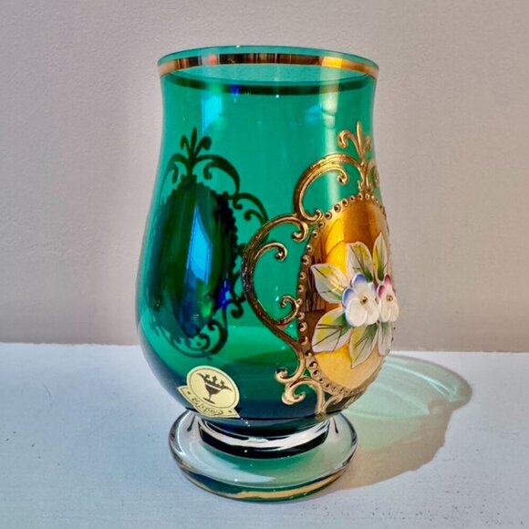 Evpas Handpainted Gold Bohemian Green Glass Vase - Picture 3 of 9